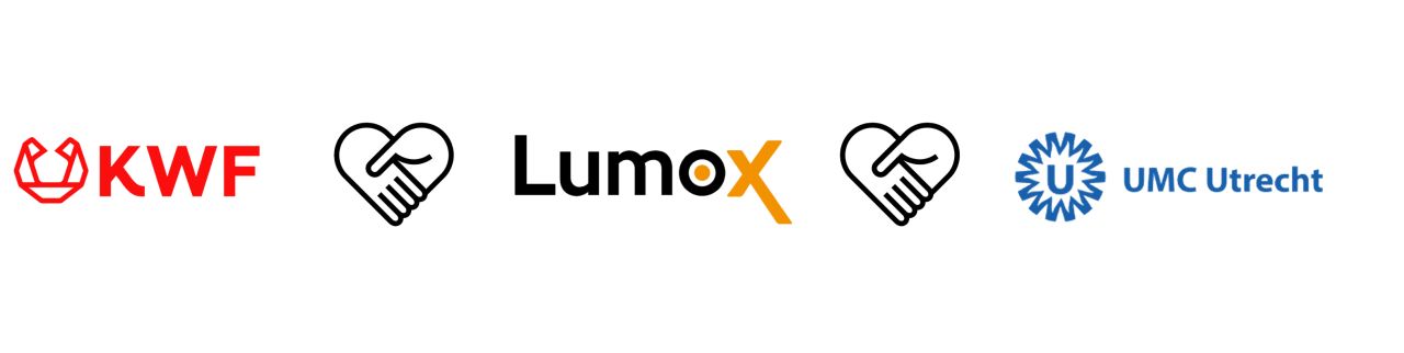 Logos of KWF, Lumox and UMC Utrecht, partners in the first clinical study of Lumox' light-activated cancer therapy